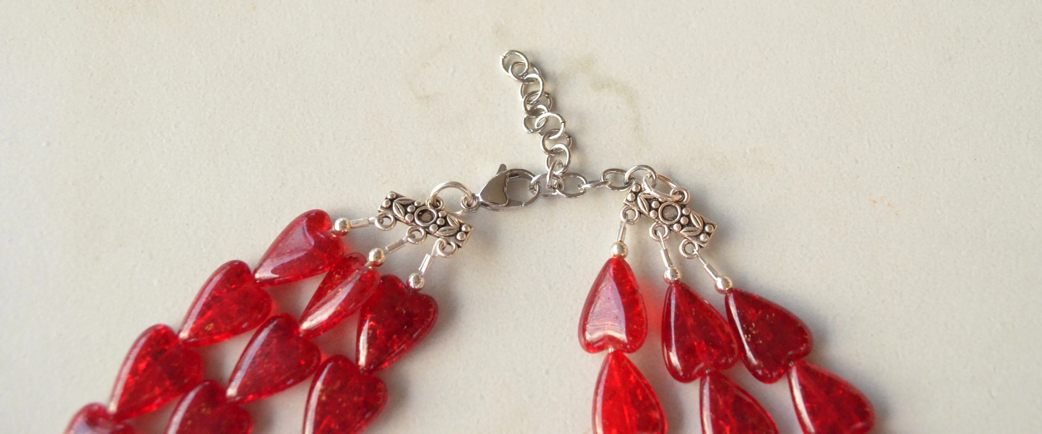 Red Heart Valentines Glass Bead Multi Strand Chunky Statement Necklace