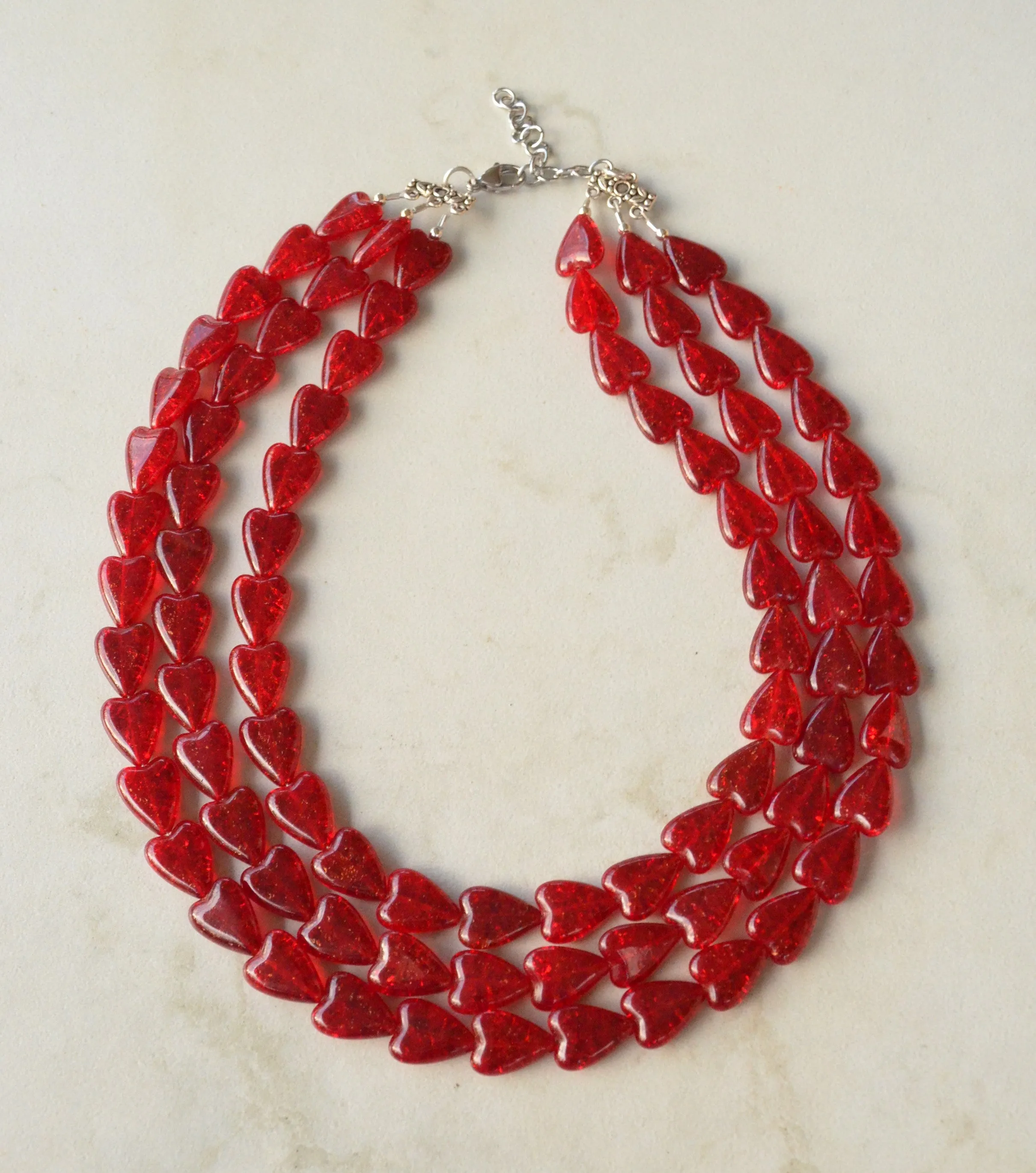 Red Heart Valentines Glass Bead Multi Strand Chunky Statement Necklace