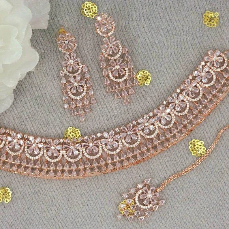 Rose Gold AD CZ Choker Necklace set