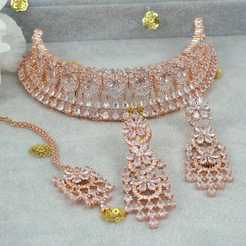 Rose Gold AD CZ Choker Necklace set