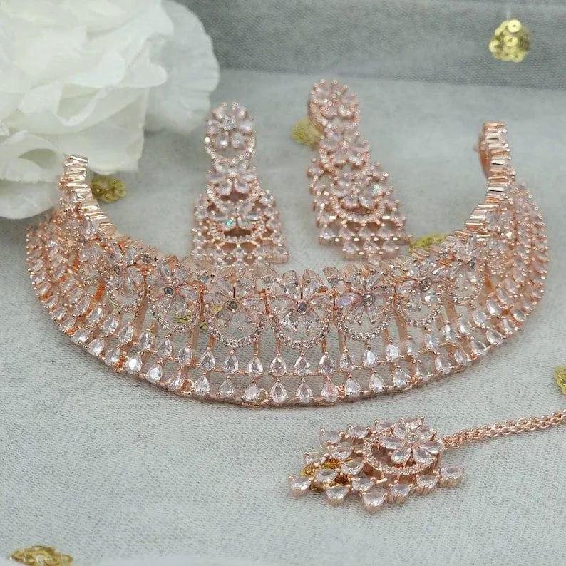 Rose Gold AD CZ Choker Necklace set