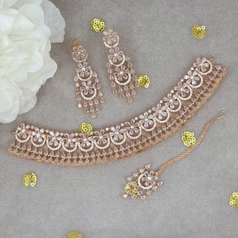 Rose Gold AD CZ Choker Necklace set