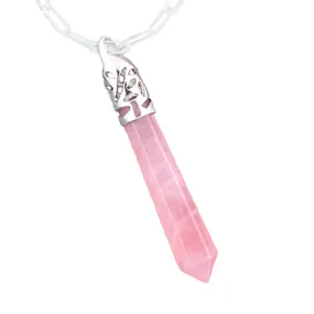 Rose Quartz Reiki Hexagon Point Pendant Necklace