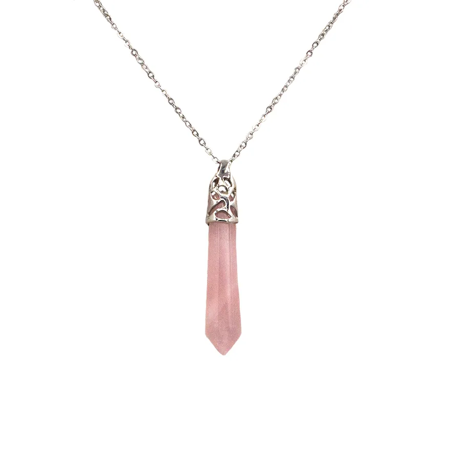 Rose Quartz Reiki Hexagon Point Pendant Necklace