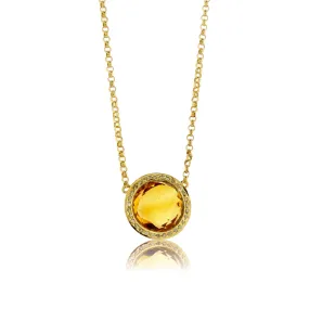 Round Checkerboard Citrine & Diamond Halo Pendant w/Chain