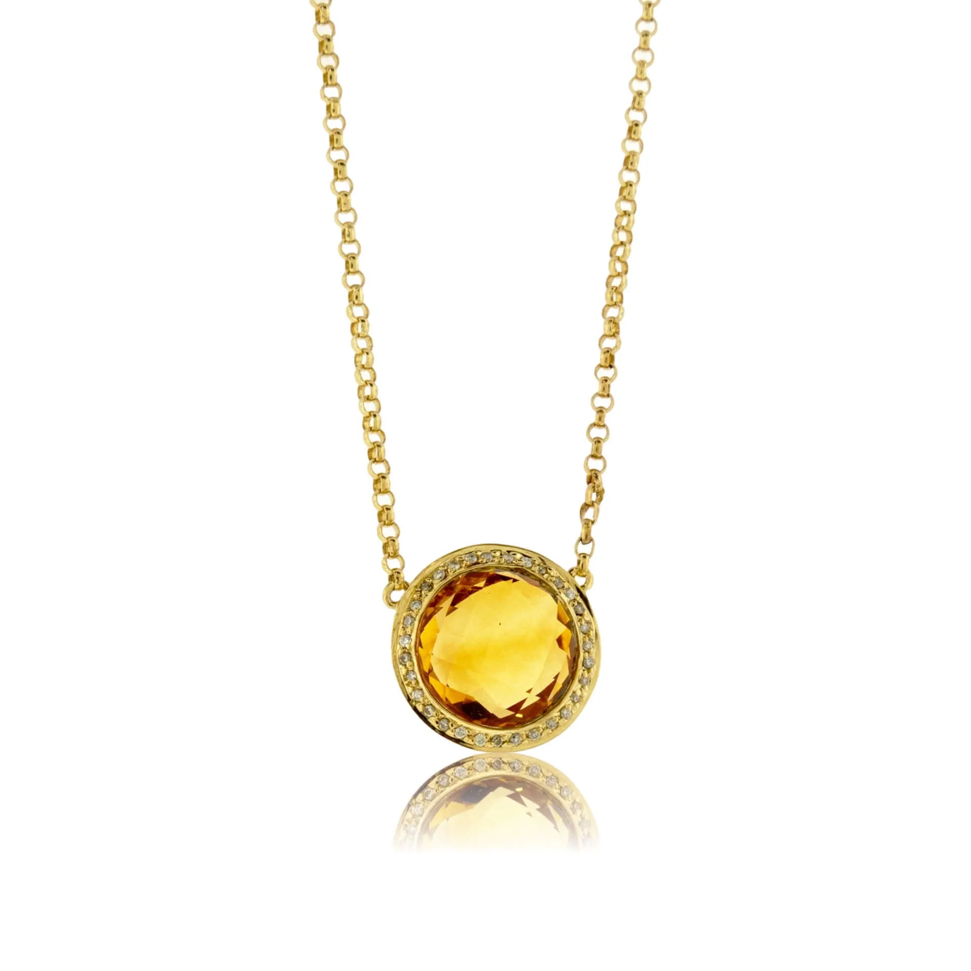 Round Checkerboard Citrine & Diamond Halo Pendant w/Chain
