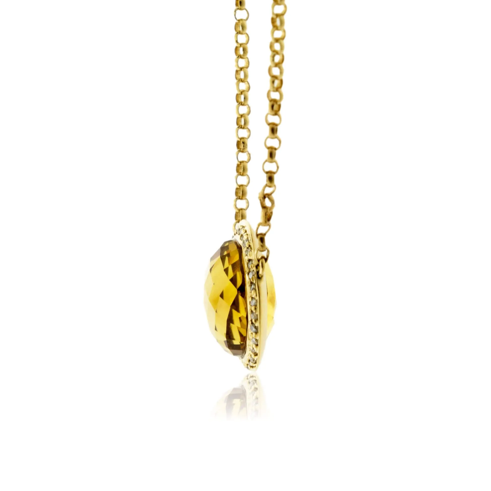 Round Checkerboard Citrine & Diamond Halo Pendant w/Chain