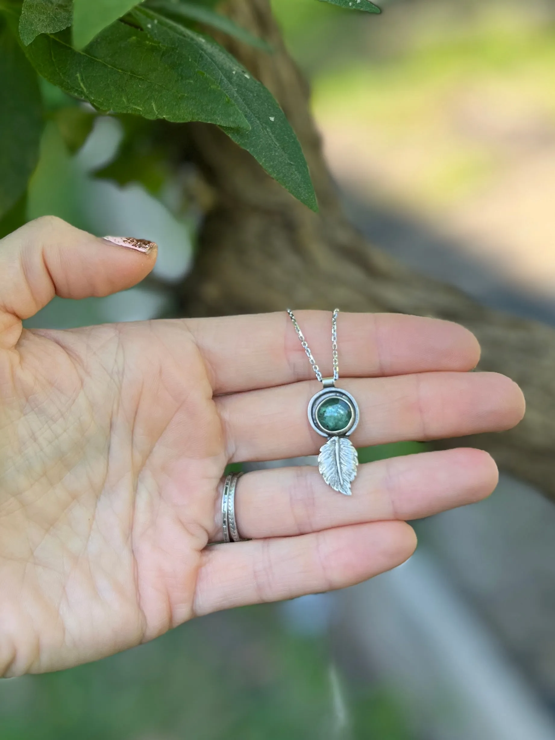 Round Green Kyanite with Feather Necklace