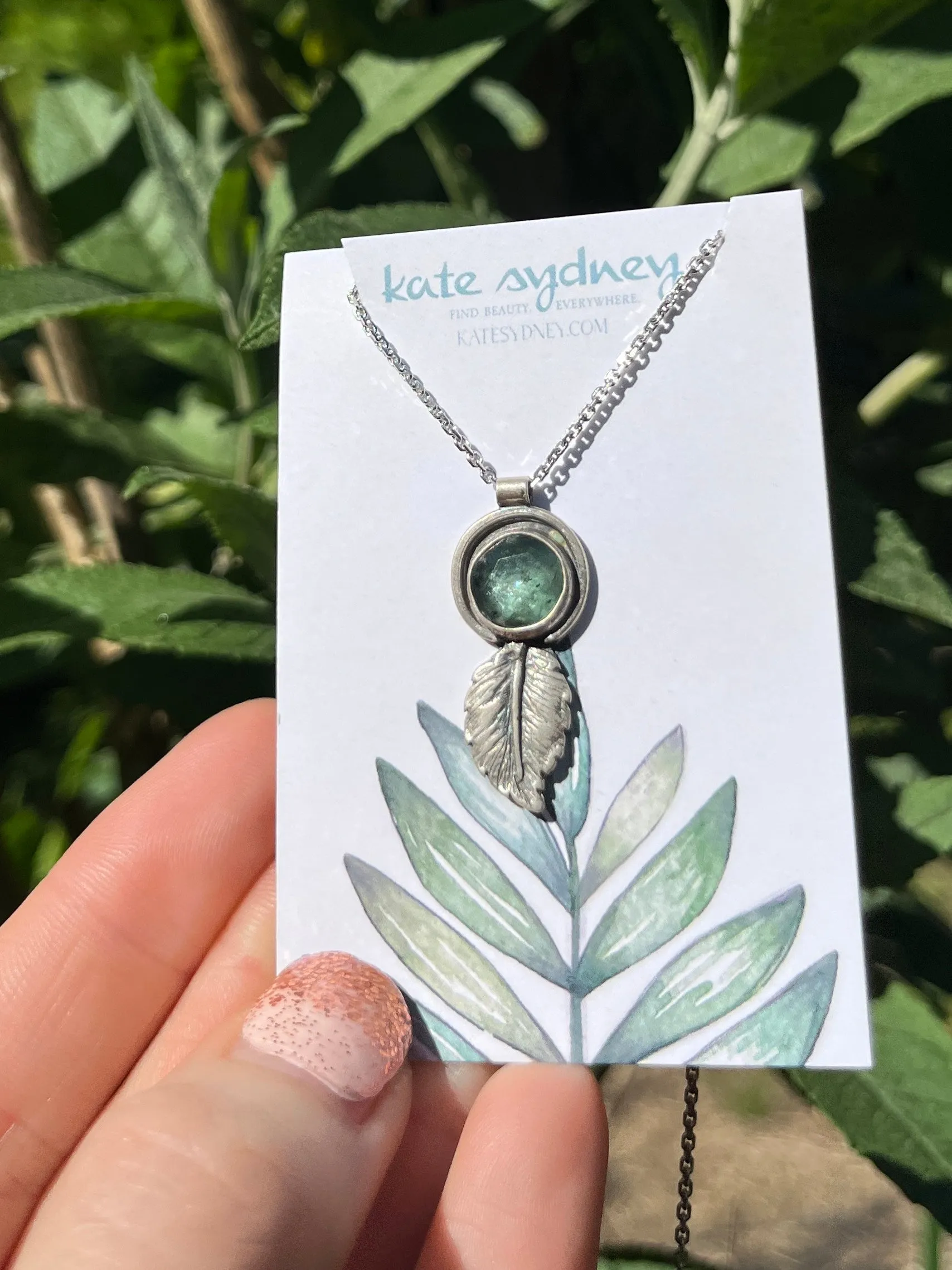Round Green Kyanite with Feather Necklace