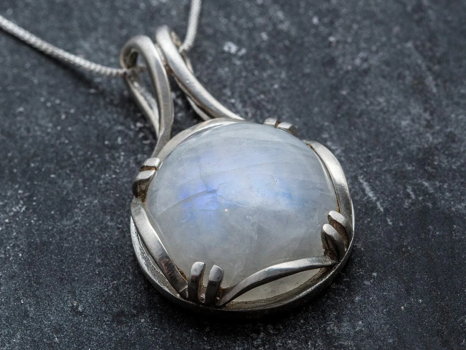 Round Moonstone Pendant - Rainbow Moonstone Necklace - Vintage Statement Necklace