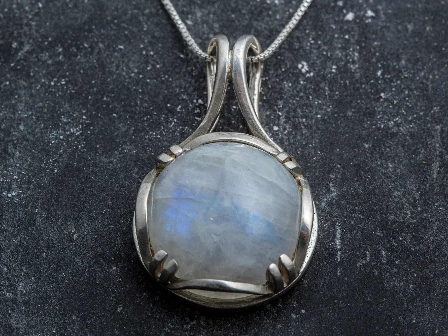 Round Moonstone Pendant - Rainbow Moonstone Necklace - Vintage Statement Necklace