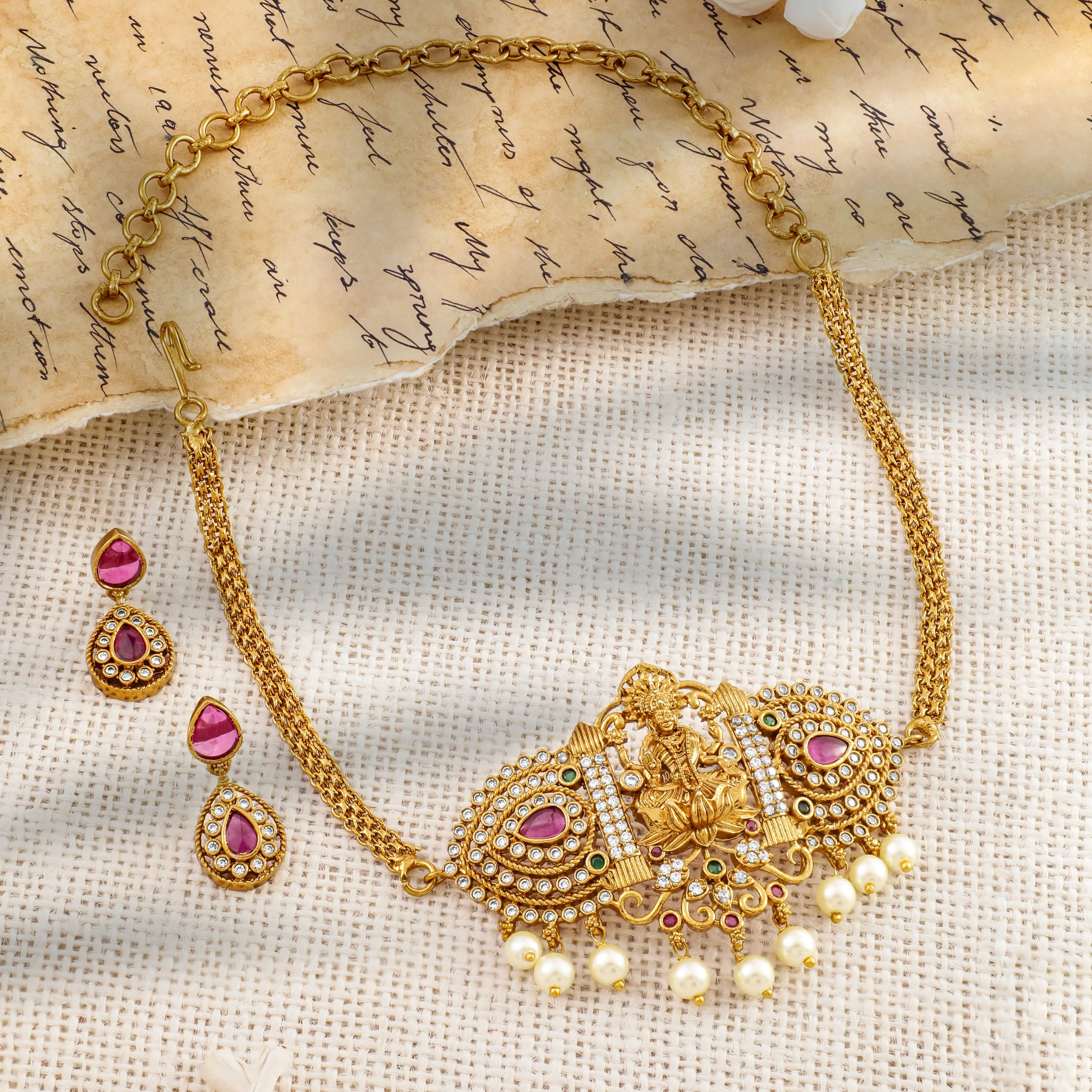 Rubans 22K Gold-Plated Ruby Pink, Emerald, and Cubic Zirconia Studded Lakshmi Temple Choker Necklace Set