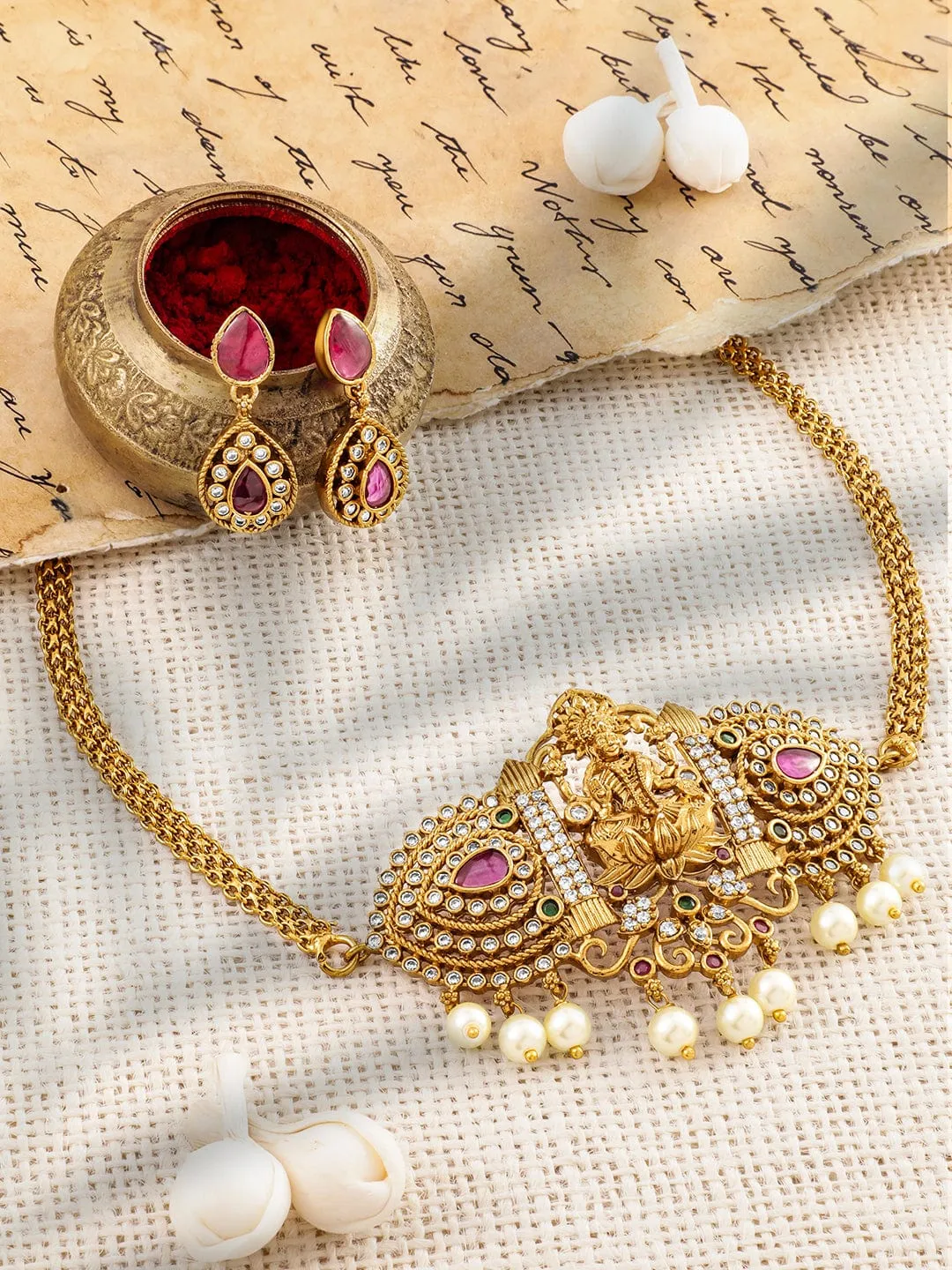 Rubans 22K Gold-Plated Ruby Pink, Emerald, and Cubic Zirconia Studded Lakshmi Temple Choker Necklace Set