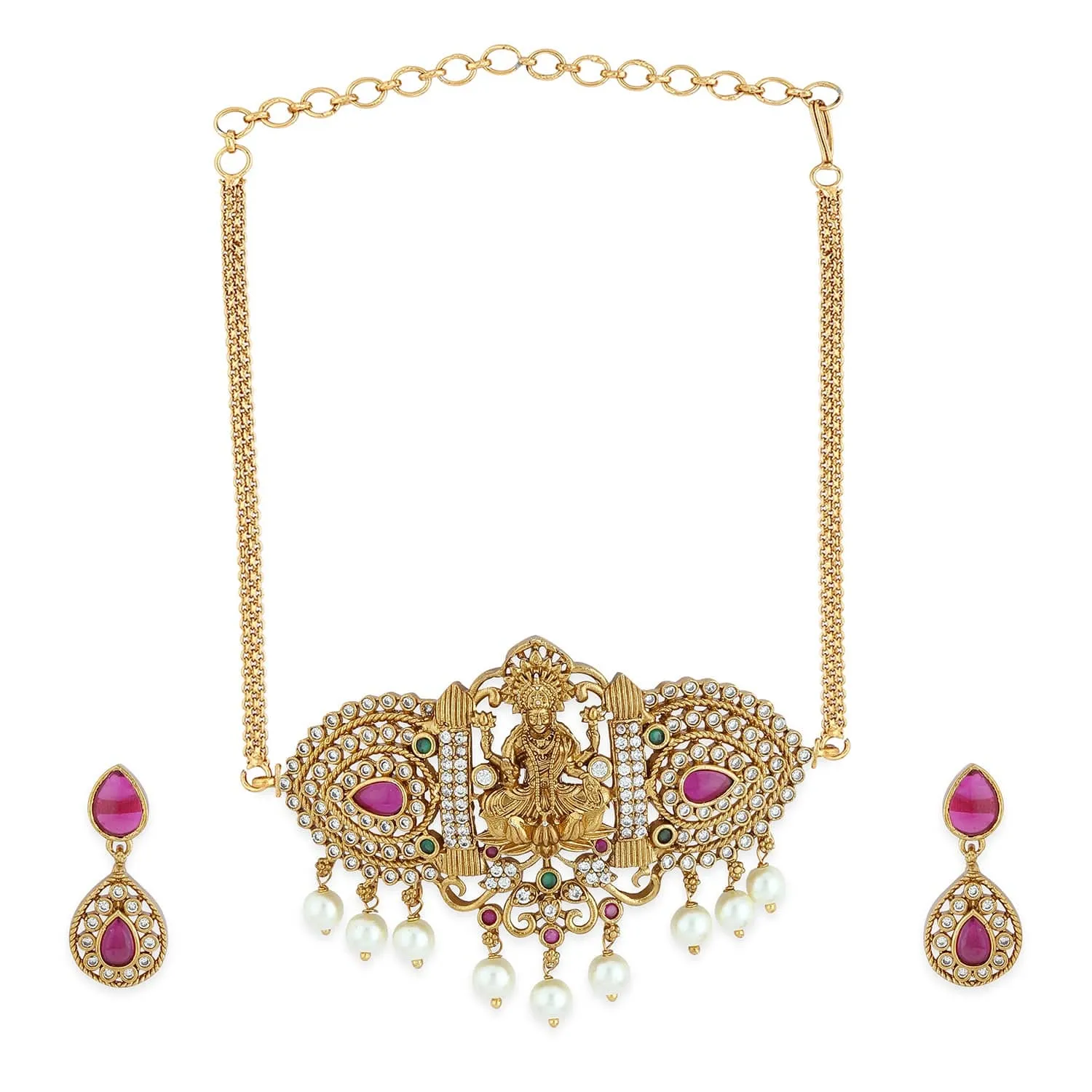 Rubans 22K Gold-Plated Ruby Pink, Emerald, and Cubic Zirconia Studded Lakshmi Temple Choker Necklace Set