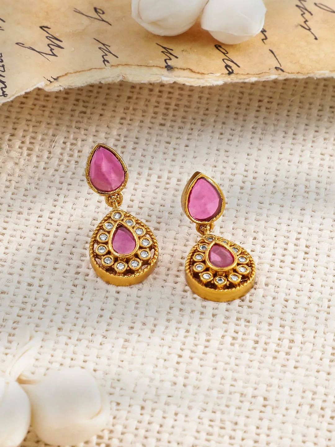 Rubans 22K Gold-Plated Ruby Pink, Emerald, and Cubic Zirconia Studded Lakshmi Temple Choker Necklace Set
