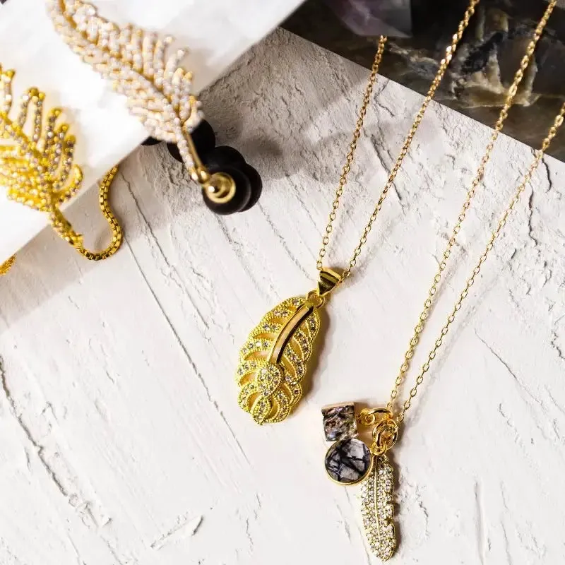 Rutilated Quartz Feather Gemstone Necklace