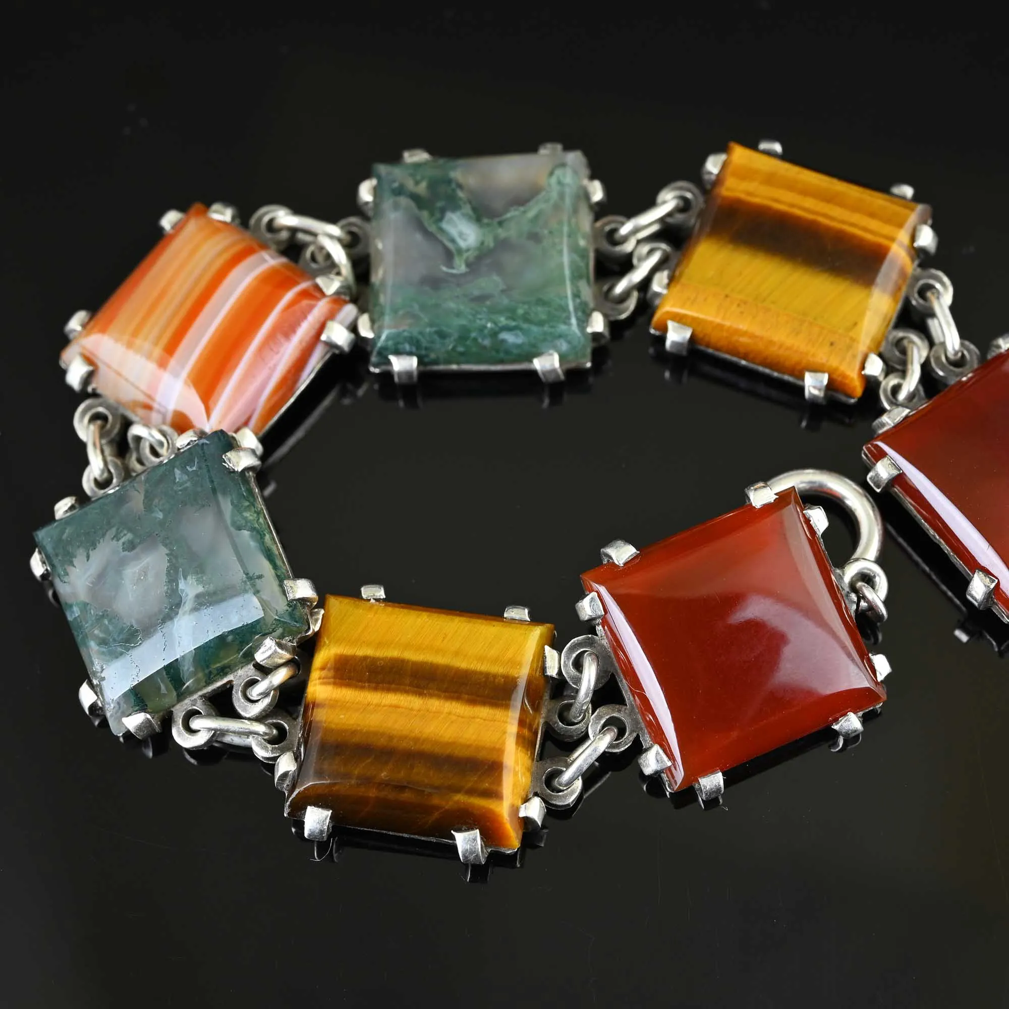 Silver Carnelian Tiger Eye Scottish Moss Agate Bracelet