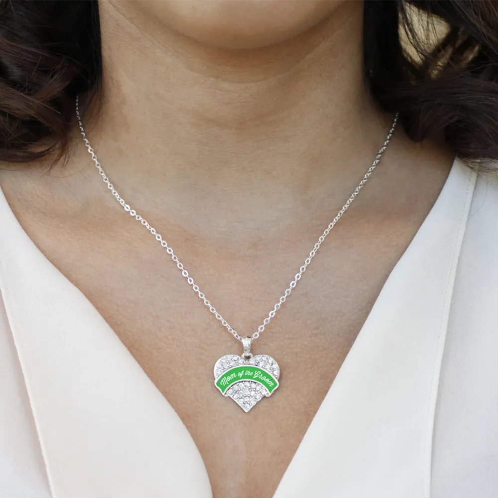 Silver Emerald Green Mom of the Groom Pave Heart Charm Classic Necklace