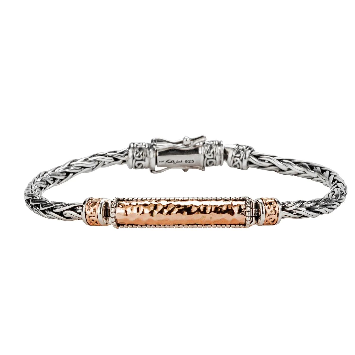 Silver or Silver and Bronze Wheat Link Hinged Bracelet with Hammered Bar