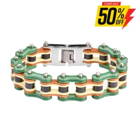 SK1320 3/4" Wide Tri Color Green Yellow Black Leather Men's Stainless Steel Motorcycle Chain Bracelet