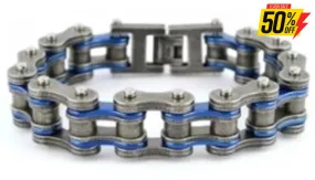 SK2258 3/4" Wide Two Tone Distressed/Blue Stainless Steel Motorcycle Chain Bracelet