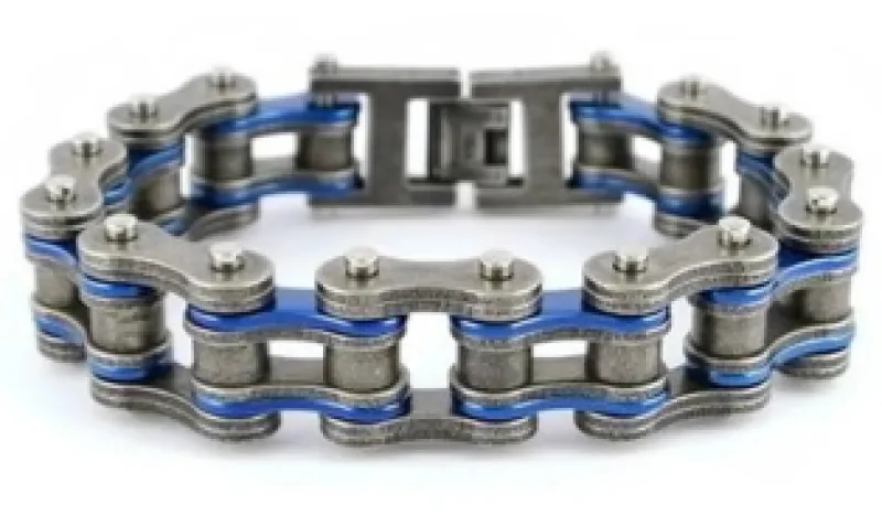 SK2258 3/4" Wide Two Tone Distressed/Blue Stainless Steel Motorcycle Chain Bracelet