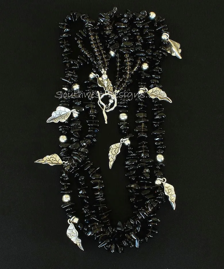 Smoky Quartz Chip 3-Strand Necklace with Sterling Silver Leaf Charms, Sterling Bench-Made Rounds, and Sterling Silver Toggle Clasp