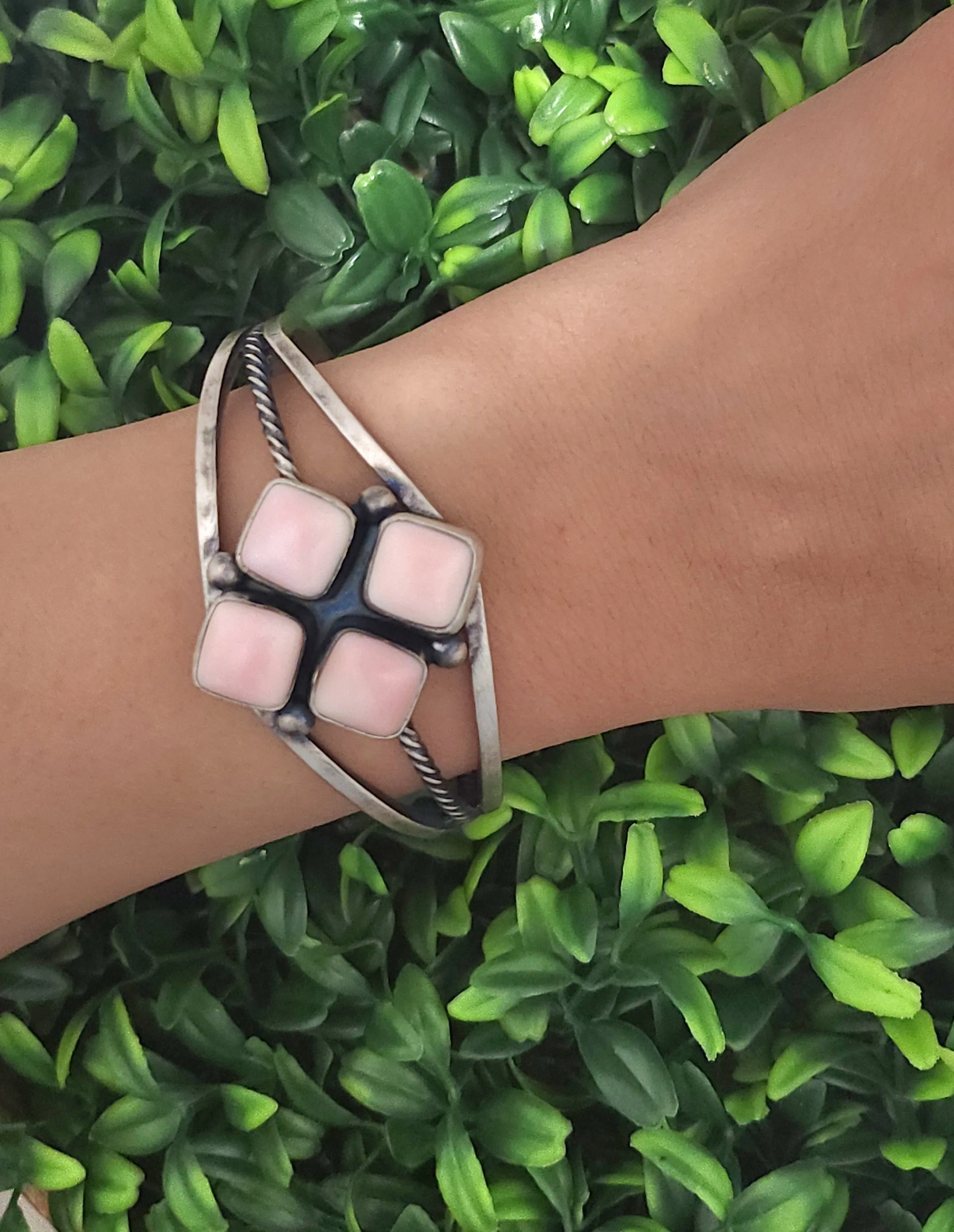 Stamped Sterling Silver 4 Stone Pink Conch Shell Cuff Bracelet