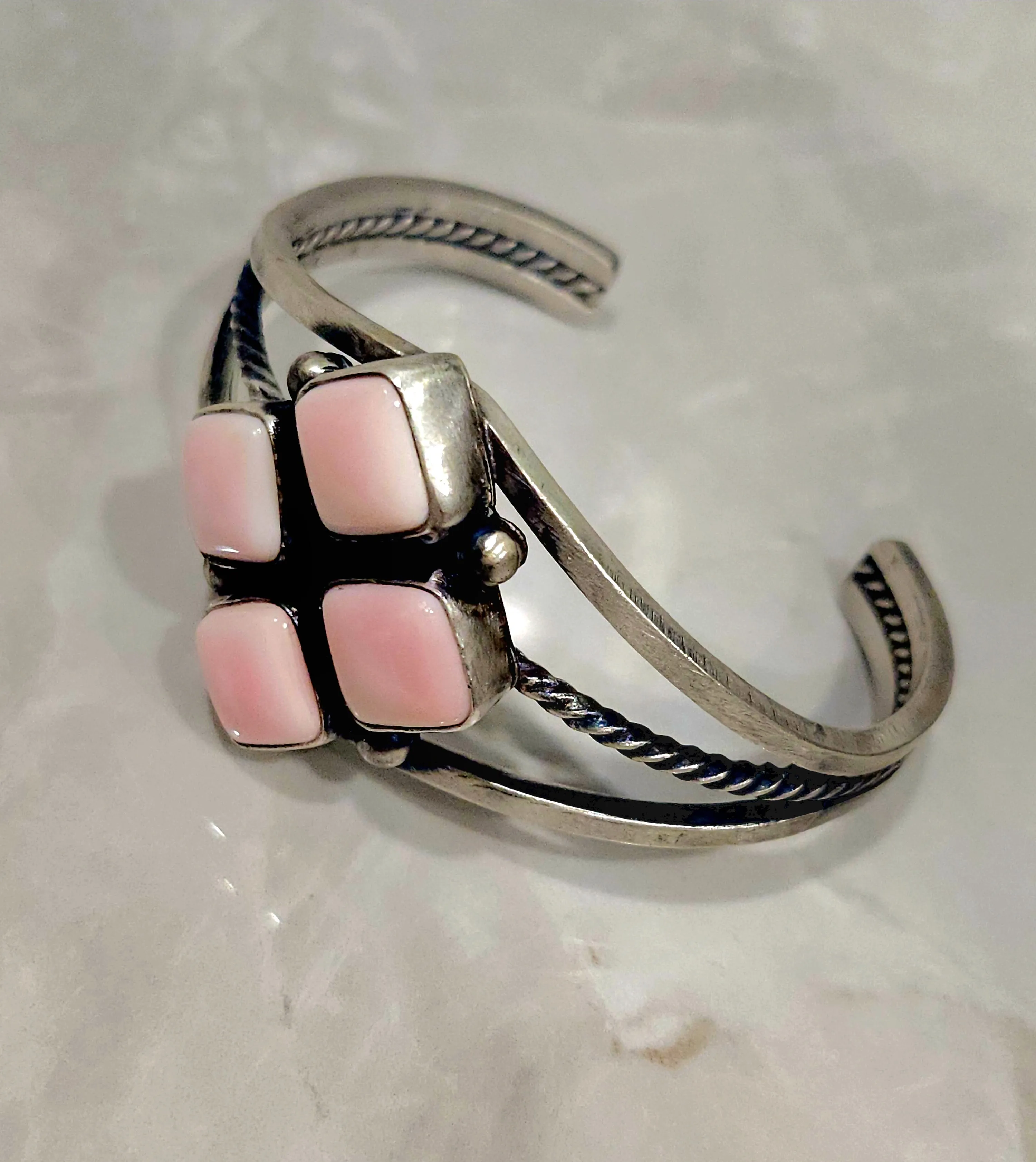 Stamped Sterling Silver 4 Stone Pink Conch Shell Cuff Bracelet