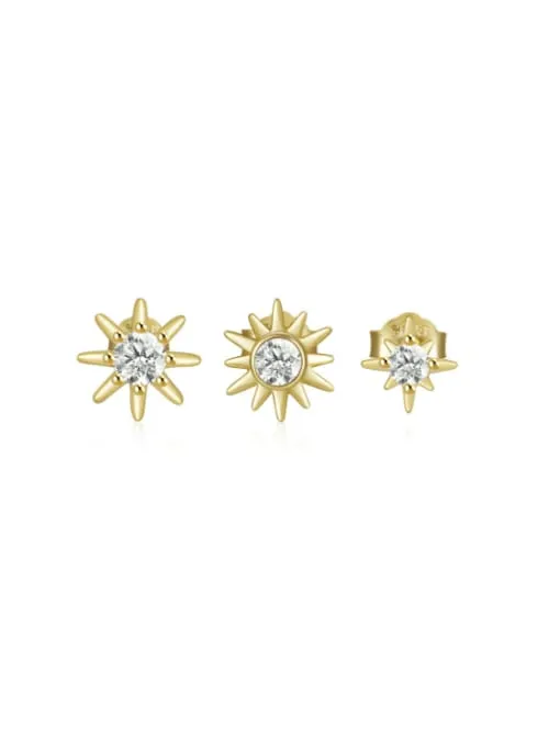 Starburst Stud Earrings Set 925 Sterling Silver Zircon 3 Stud Hypoallergenic Earrings