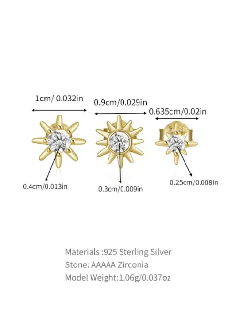 Starburst Stud Earrings Set 925 Sterling Silver Zircon 3 Stud Hypoallergenic Earrings