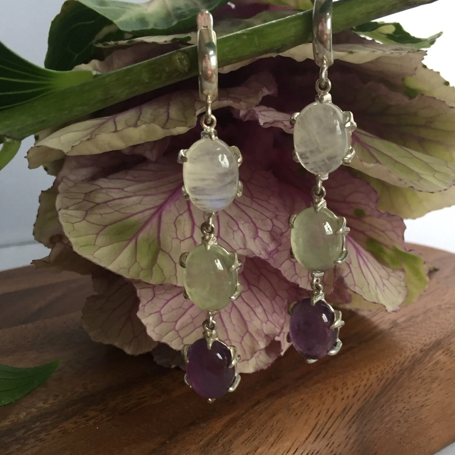 Statement Dangling Earrings - Long Moonstone Earrings - Multistone Earrings