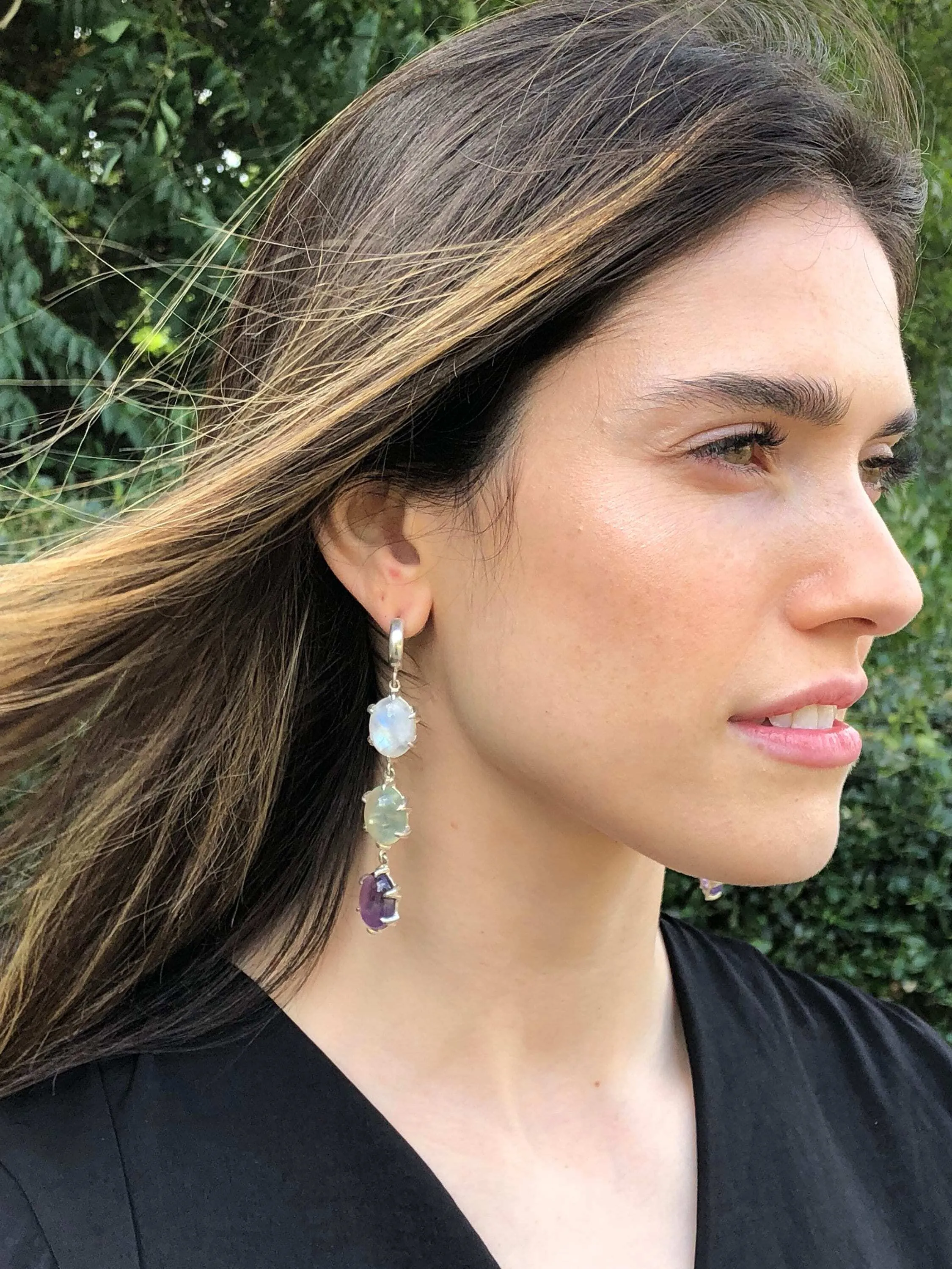 Statement Dangling Earrings - Long Moonstone Earrings - Multistone Earrings