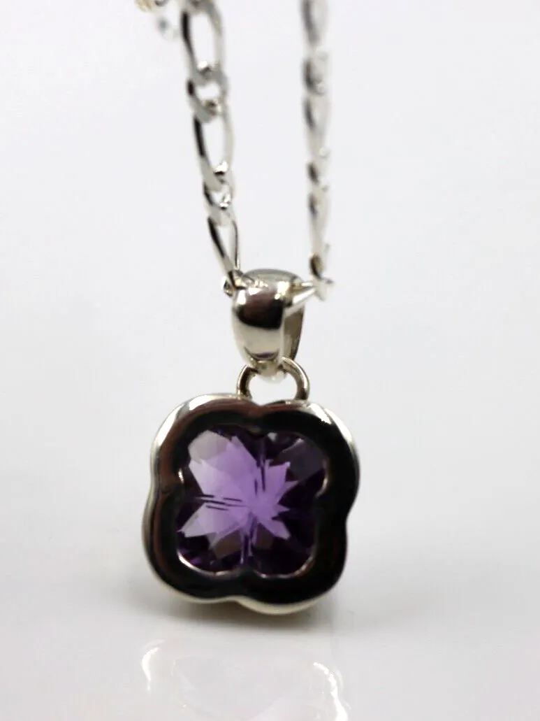 Sterling Silver 925 Clover Amethyst Pendant & 45cm Chain Necklace