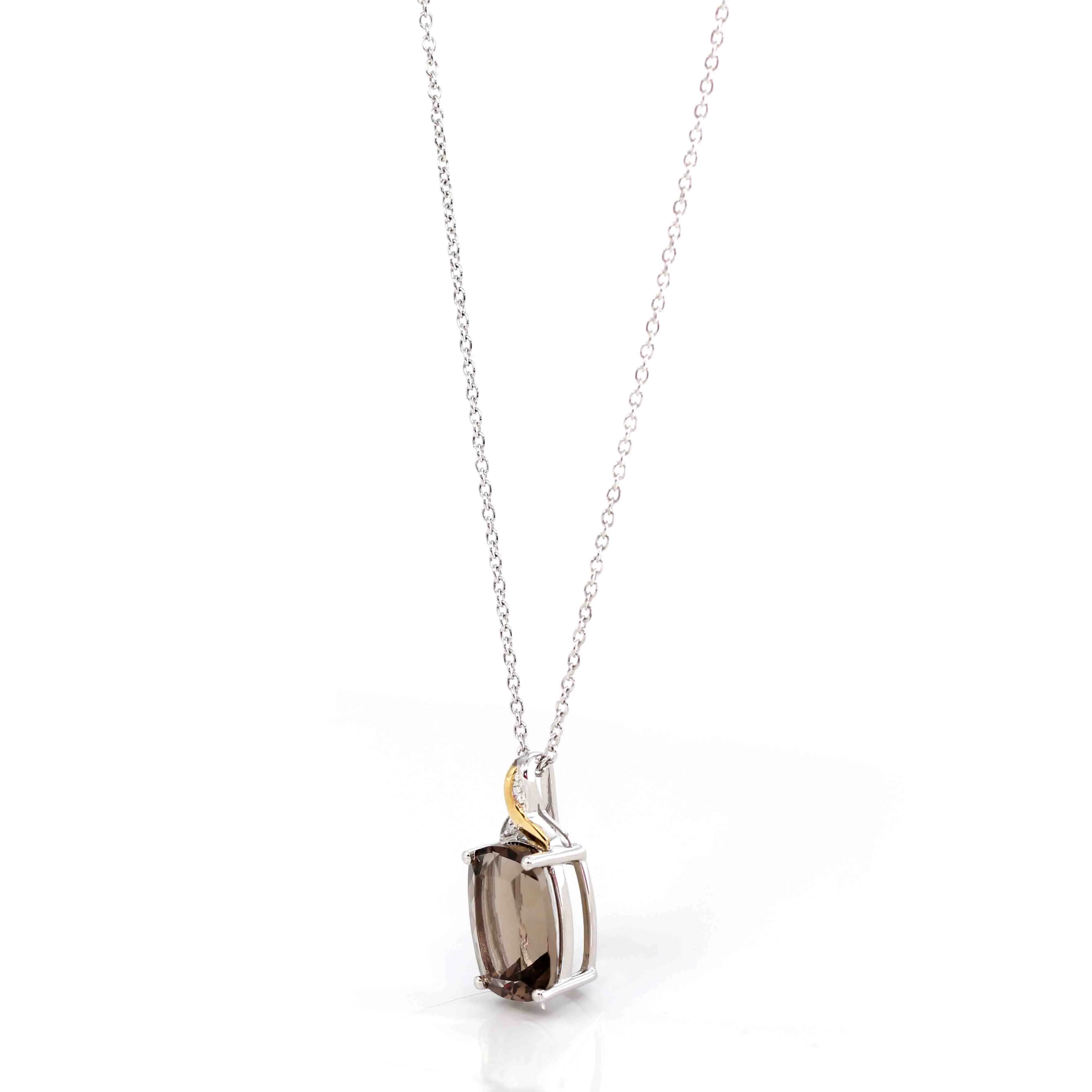 Sterling Silver & 14k Yellow Gold Natural Smoky Quartz Pendant Necklace With CZ