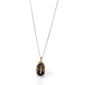 Sterling Silver & 14k Yellow Gold Natural Smoky Quartz Pendant Necklace With CZ