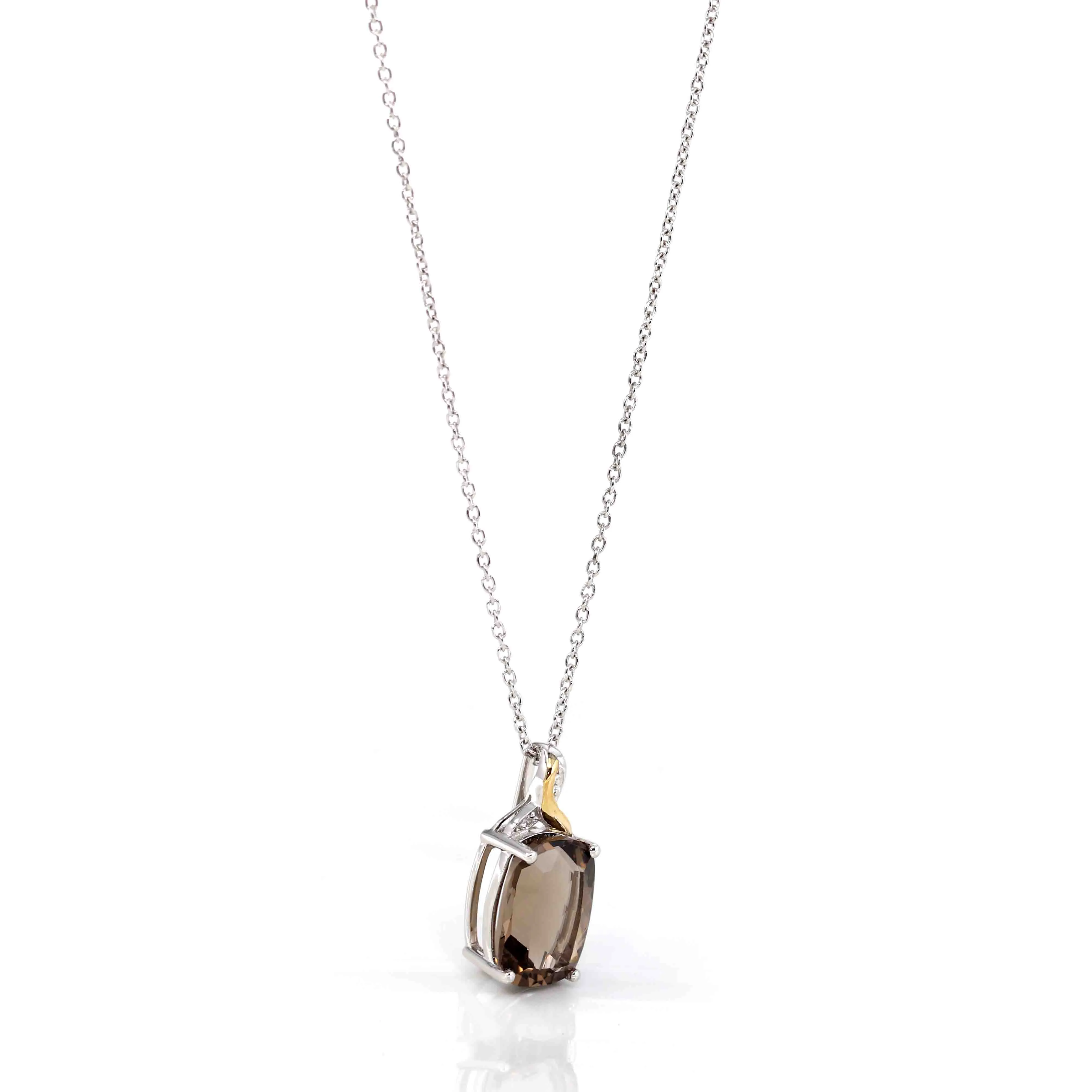 Sterling Silver & 14k Yellow Gold Natural Smoky Quartz Pendant Necklace With CZ