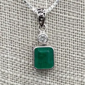 Sterling Silver Box Chain Emerald Pendant With Diamond Necklace