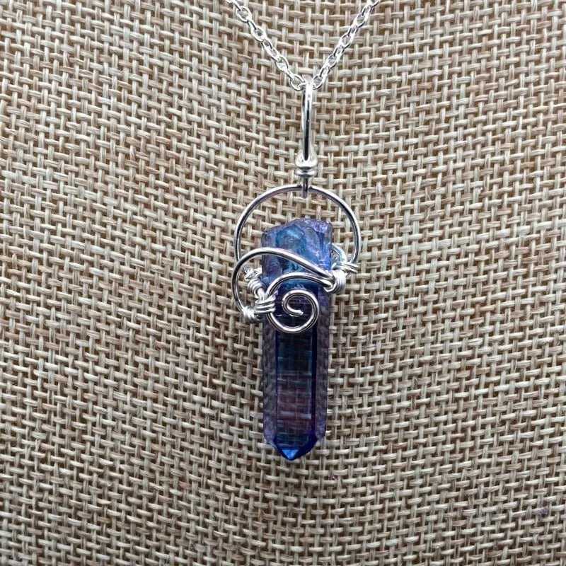 Sterling Silver Wire Wrapped Aqua Aura Crystal Pendant Necklace