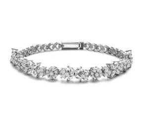Sterling Silver with Rhodium Plated Clear Round and Marquise Cubic Zirconia Cluster Flower-Inspired Tennis Bracelet