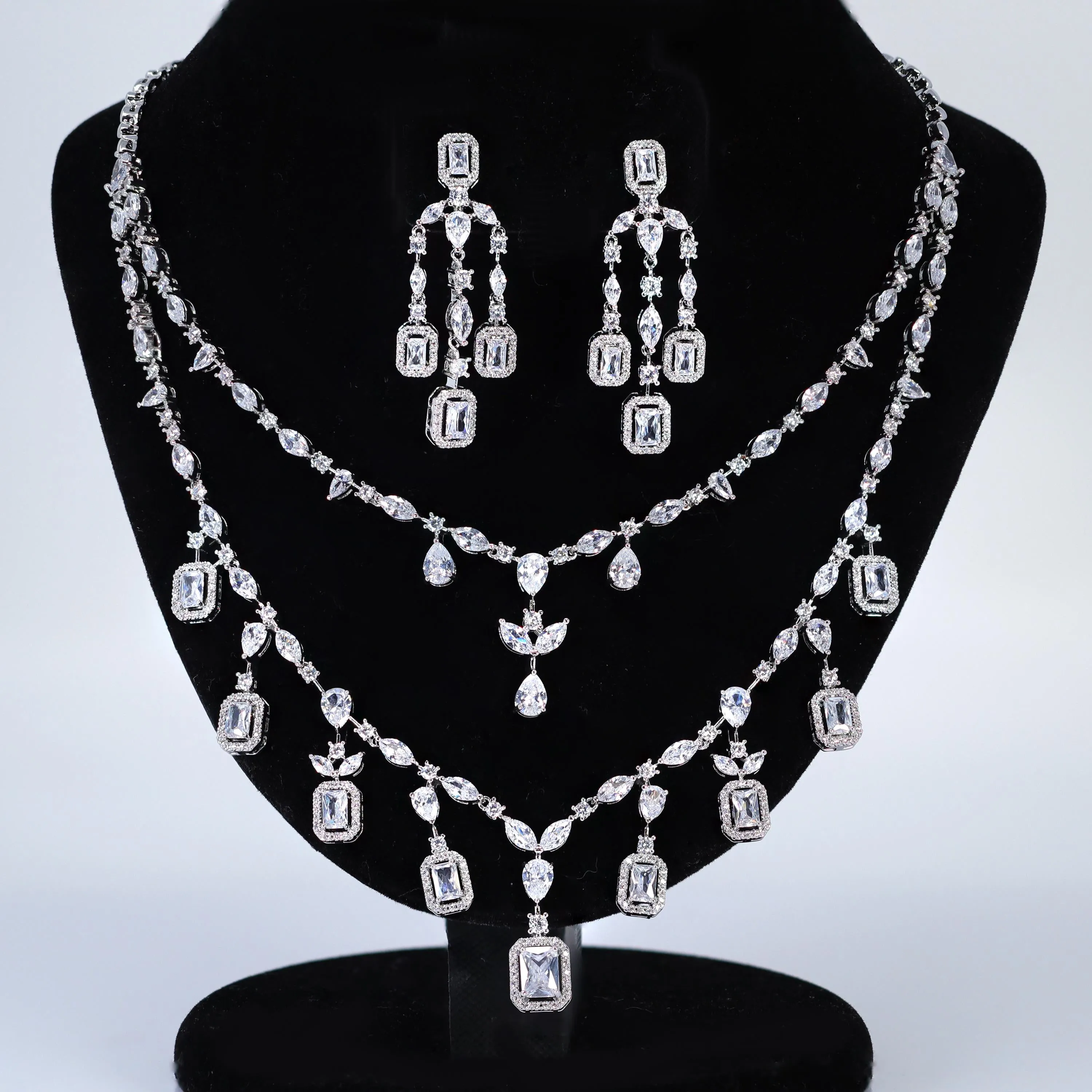 Swarovski Crystal Graceful Twin Strand Queen Diamond/Crystal Necklace Set, Bridal Necklace Set, Bridal Jewelry, Statement Necklace