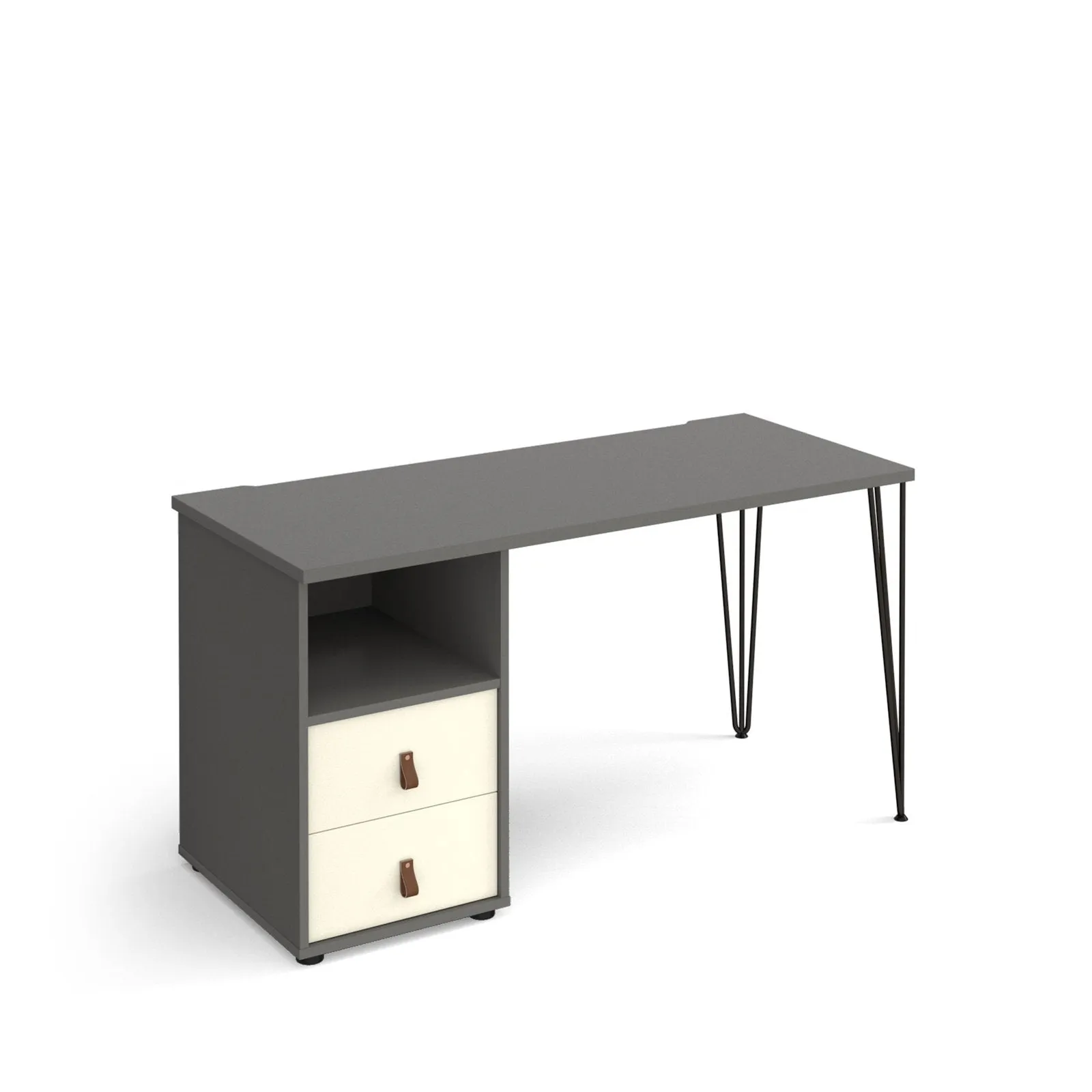 Tikal straight desk 1400mm x 600mm with black hairpin leg and support pedestal