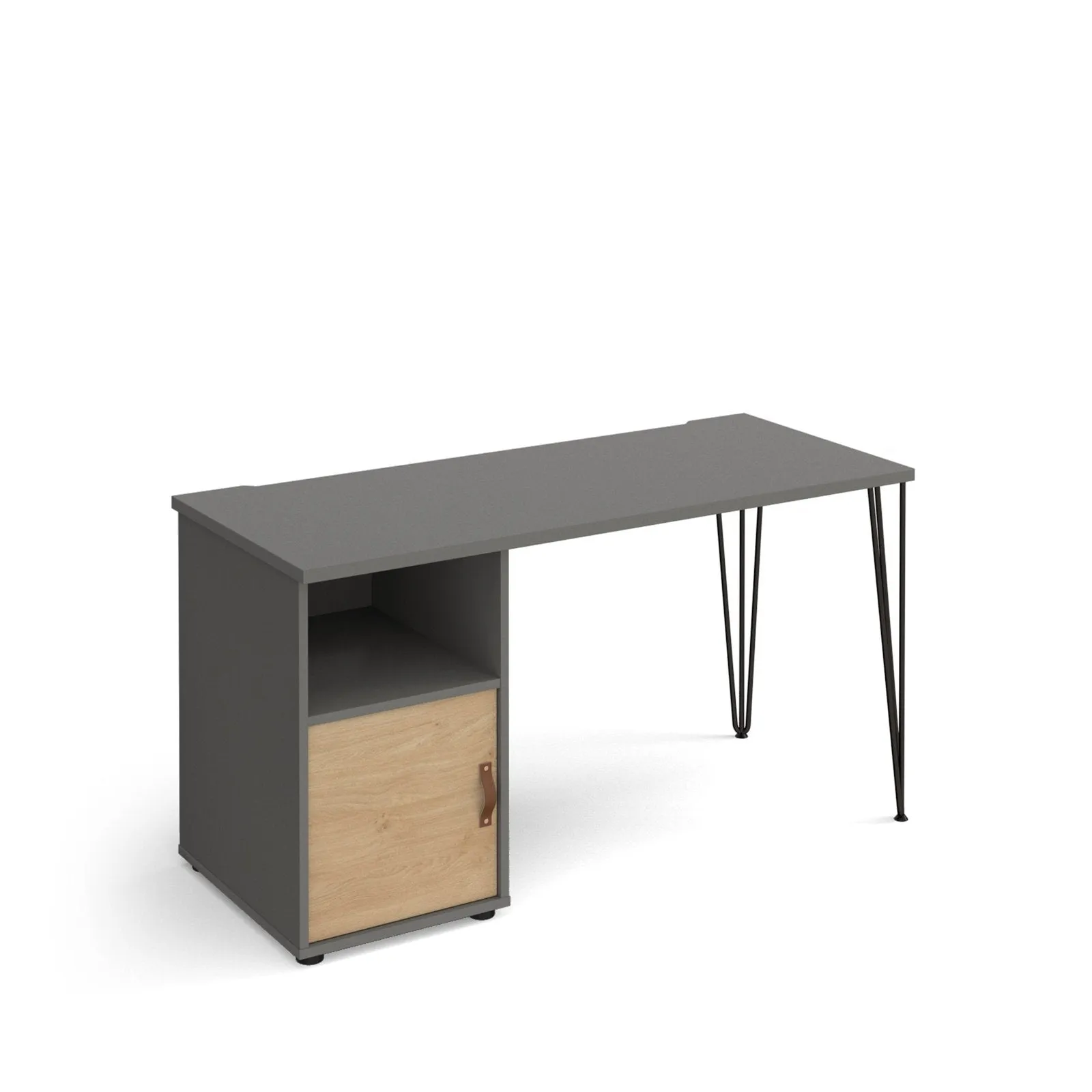 Tikal straight desk 1400mm x 600mm with black hairpin leg and support pedestal