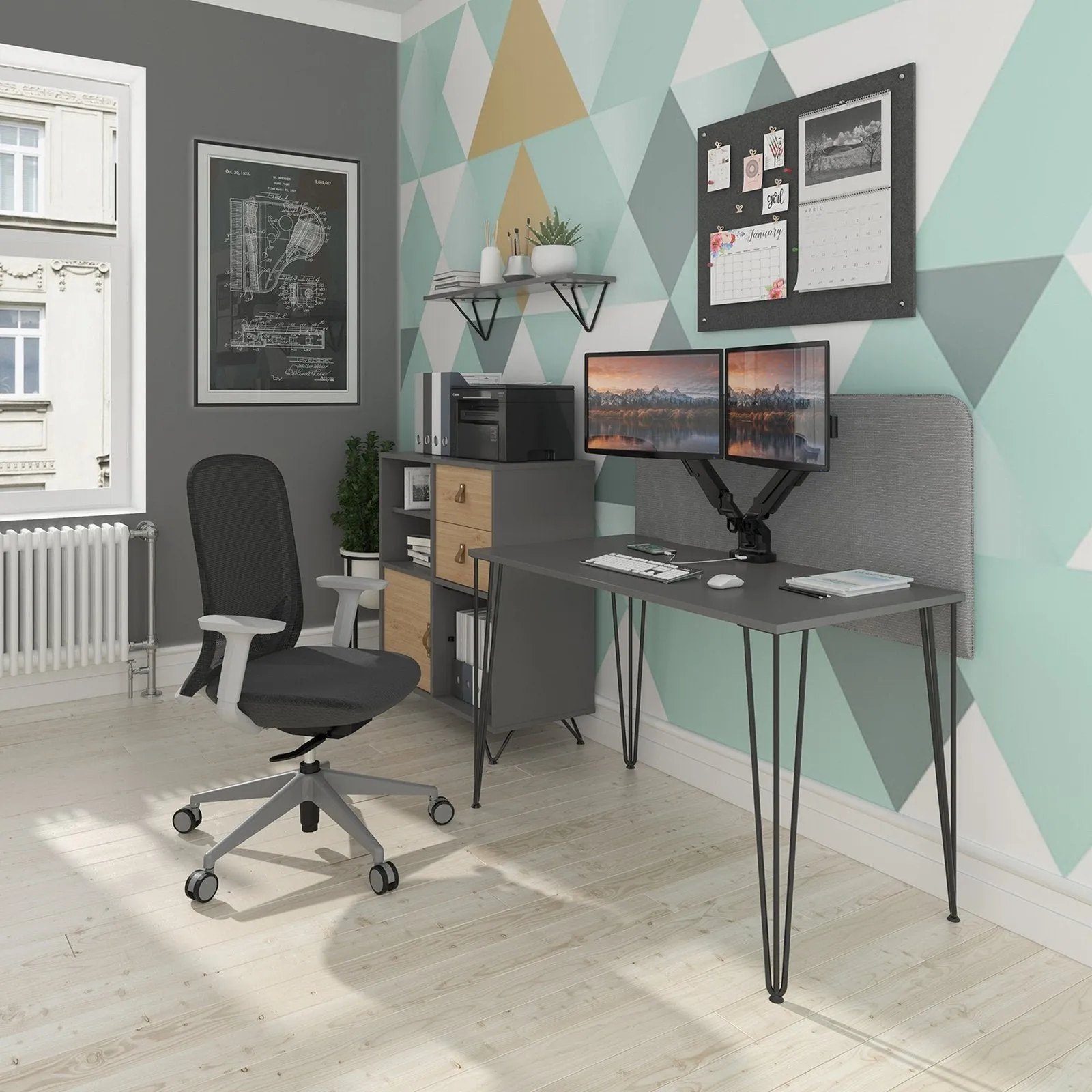 Tikal straight desk 1400mm x 600mm with black hairpin leg and support pedestal