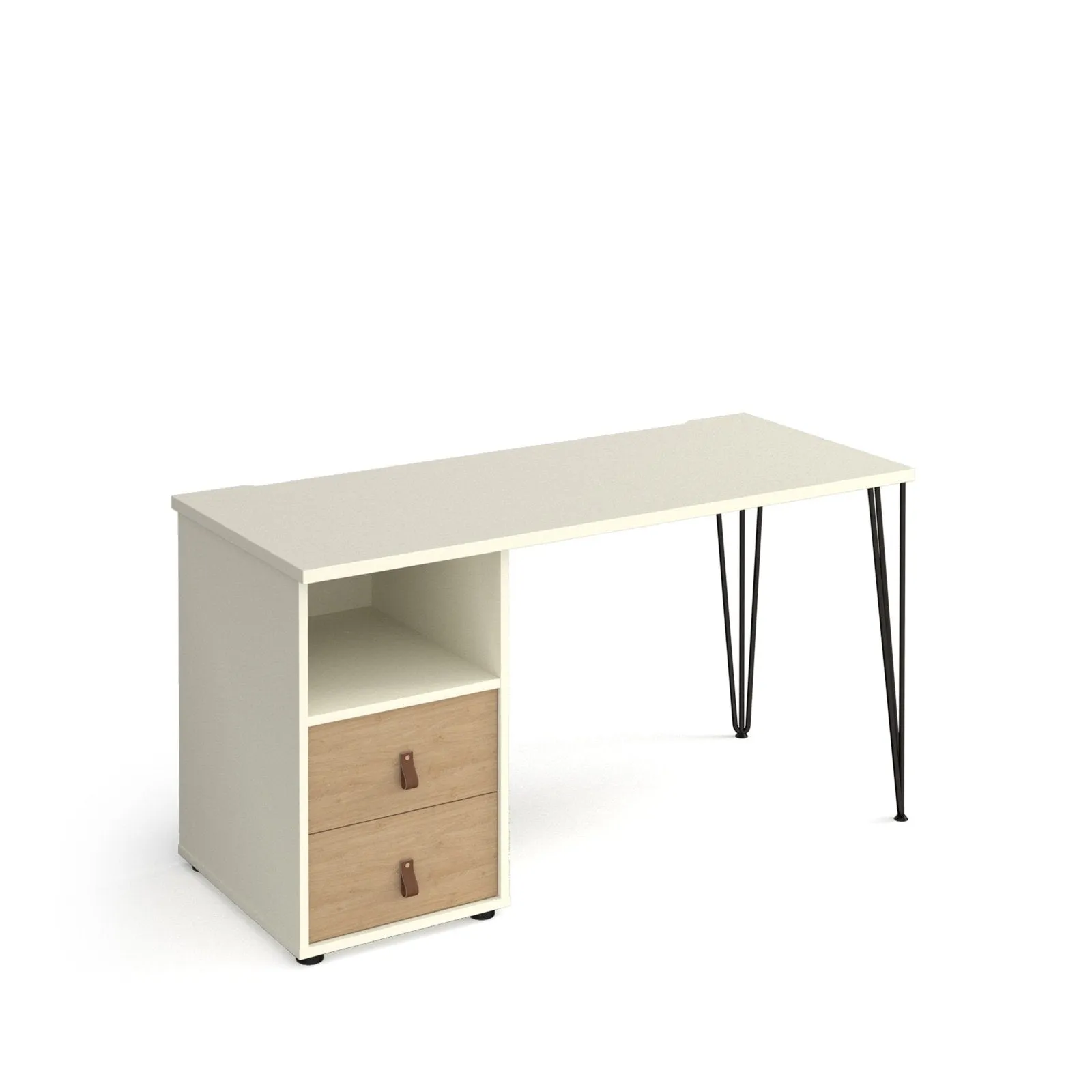 Tikal straight desk 1400mm x 600mm with black hairpin leg and support pedestal