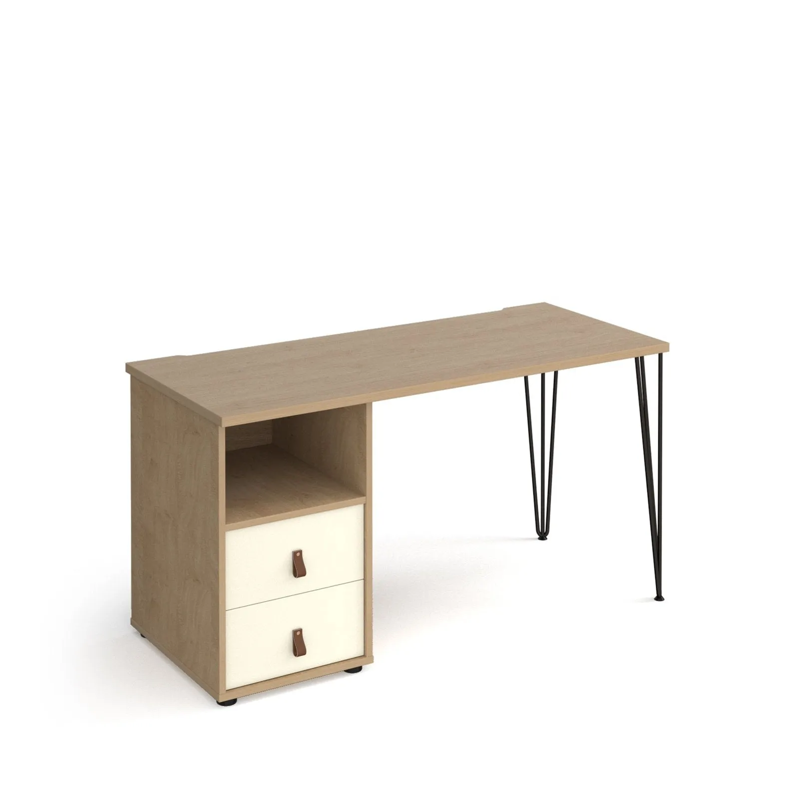 Tikal straight desk 1400mm x 600mm with black hairpin leg and support pedestal