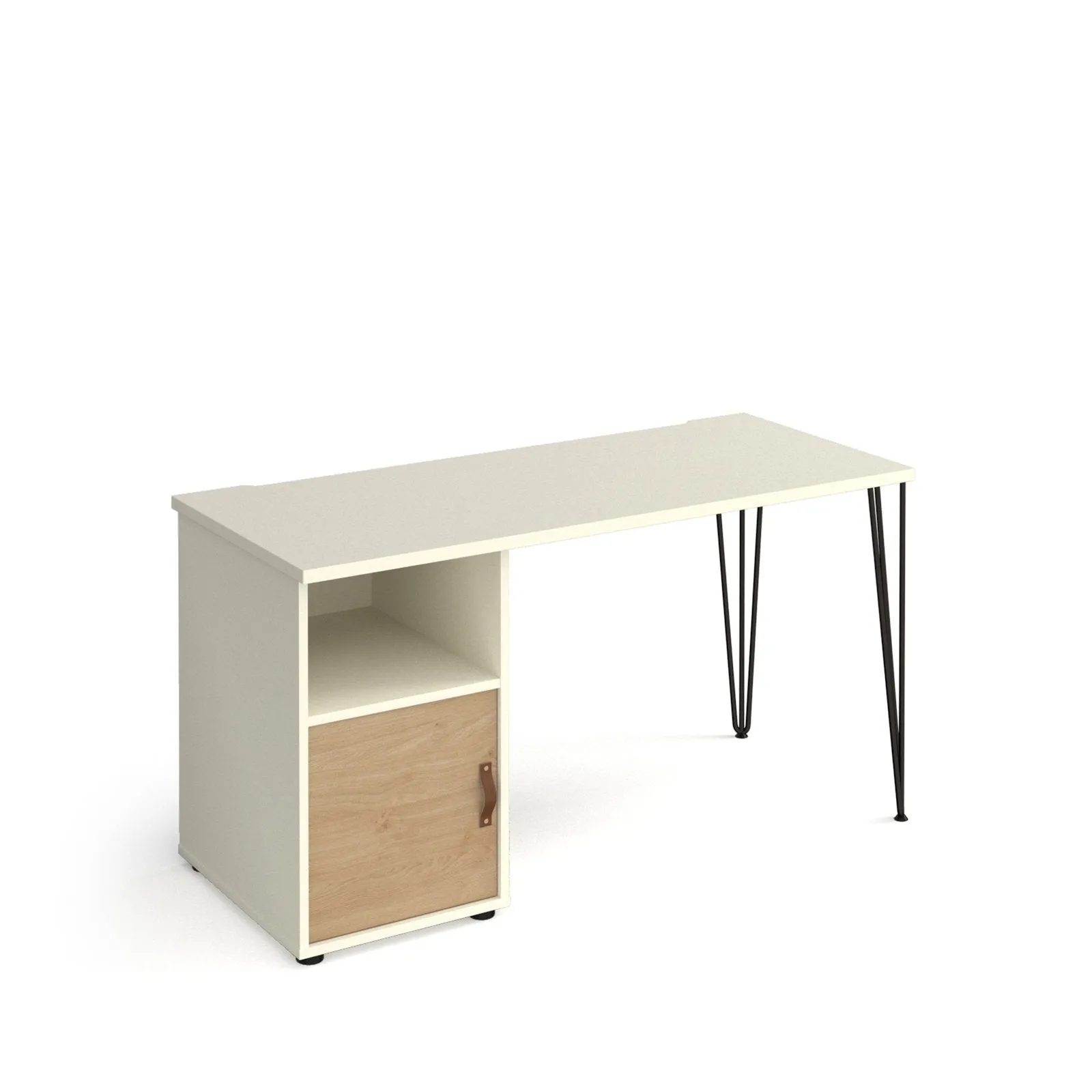 Tikal straight desk 1400mm x 600mm with black hairpin leg and support pedestal