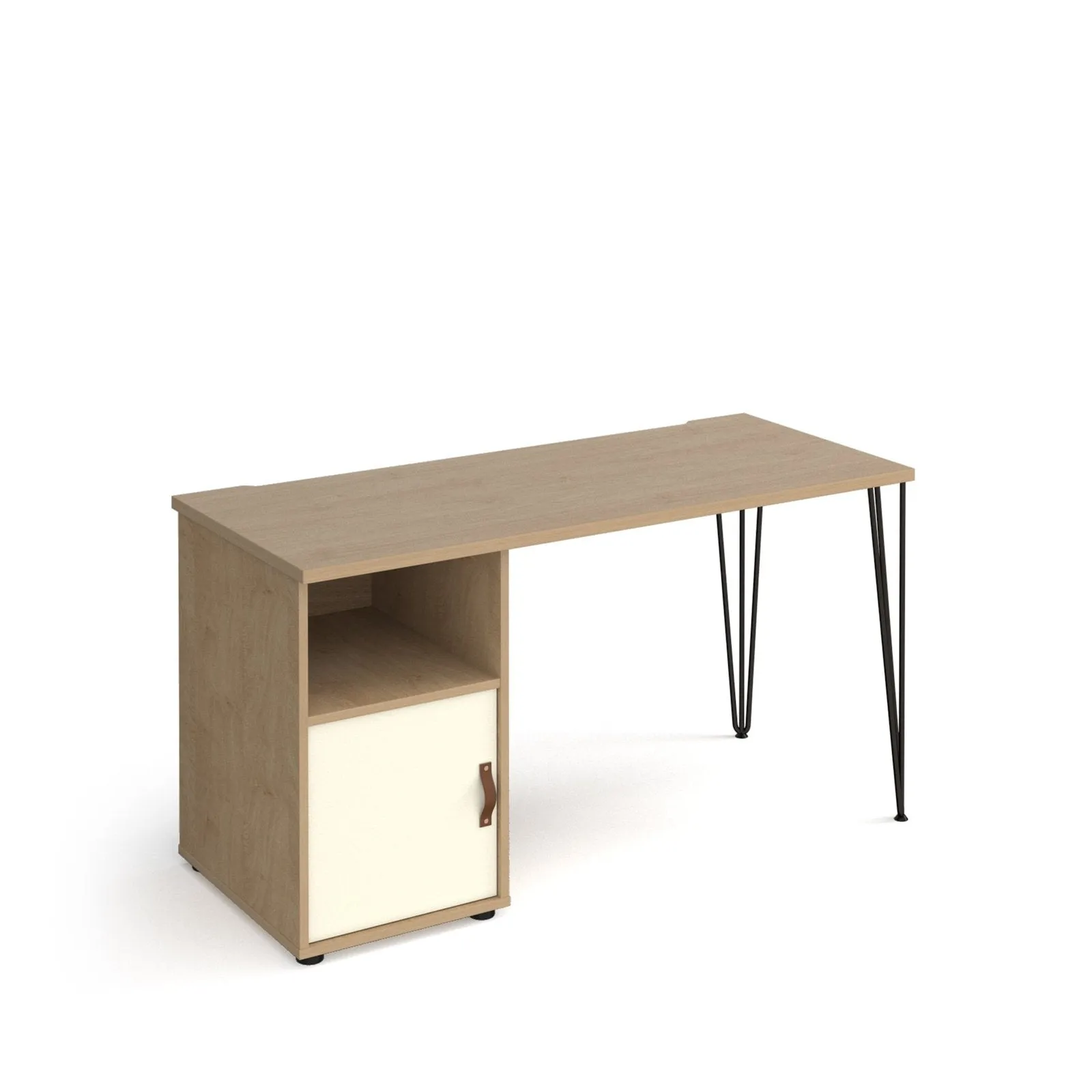 Tikal straight desk 1400mm x 600mm with black hairpin leg and support pedestal