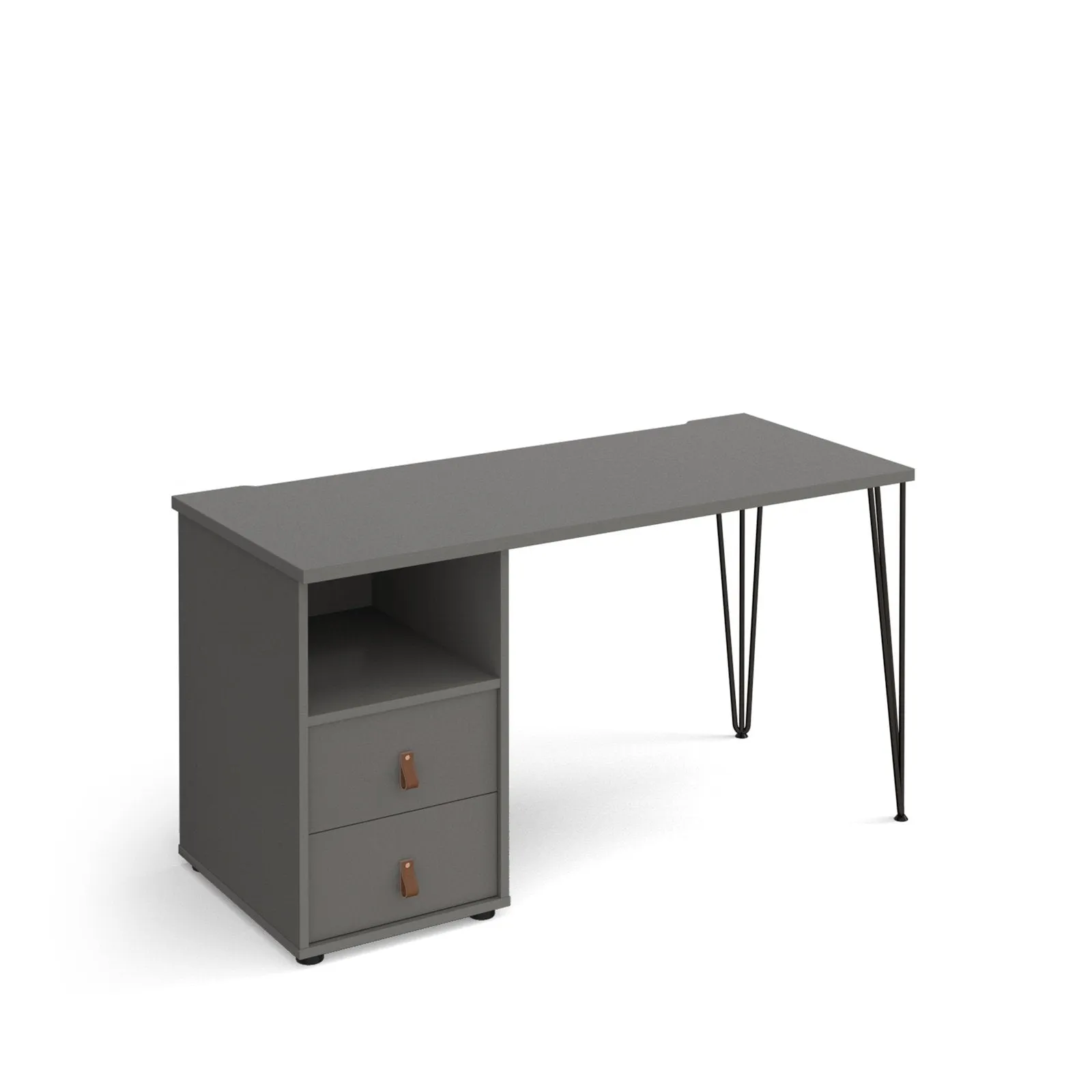 Tikal straight desk 1400mm x 600mm with black hairpin leg and support pedestal