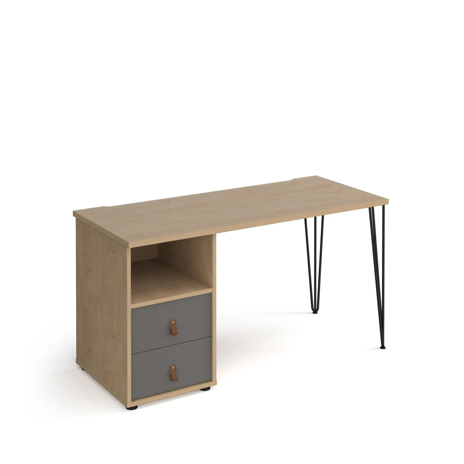 Tikal straight desk 1400mm x 600mm with black hairpin leg and support pedestal